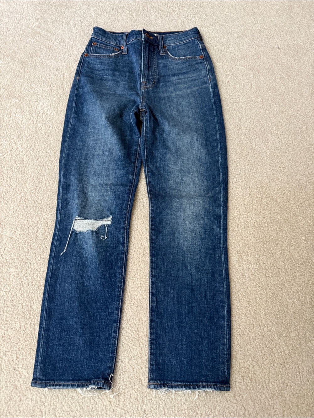 Madewell Distressed Straight Leg Jeans in Dark Blue